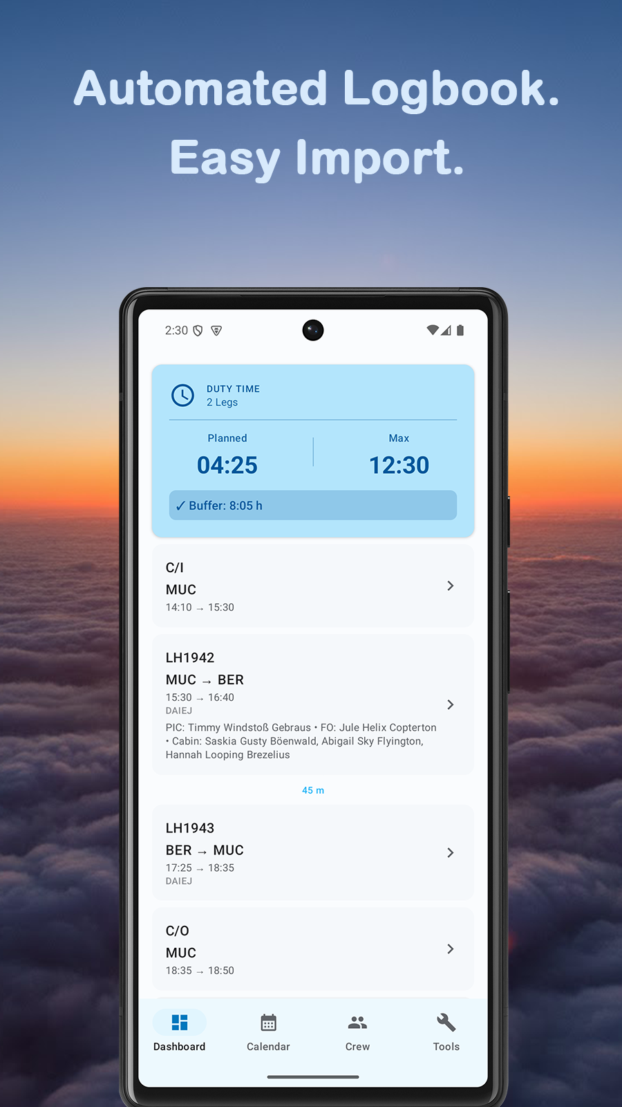 CrewLog dashboard showing next flight, duty statistics and weather for pilots
