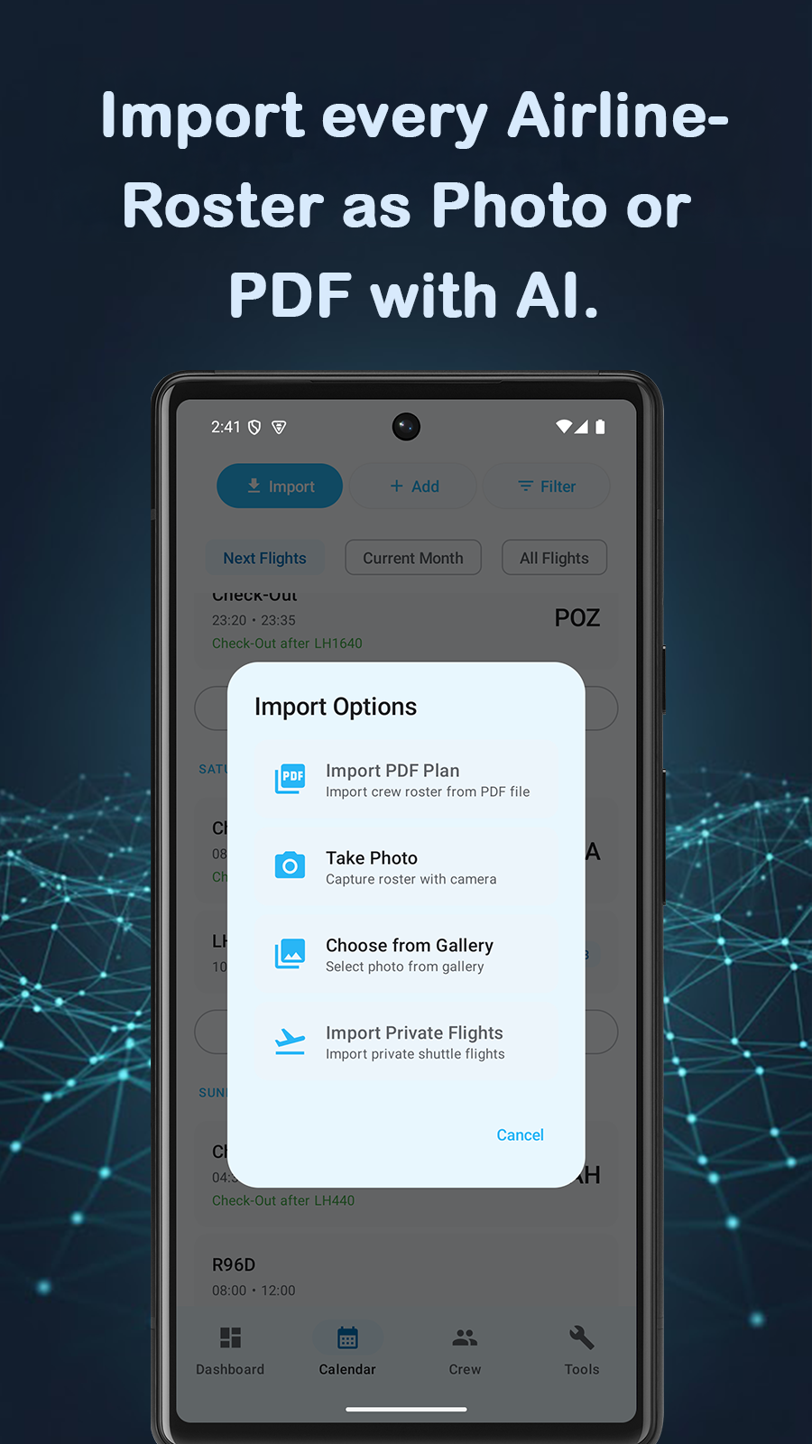 CrewLog flight detail view with block times, FDP and crew list