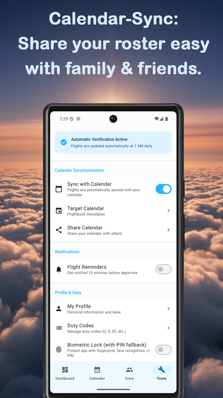 CrewLog monthly roster calendar with duty codes and off days