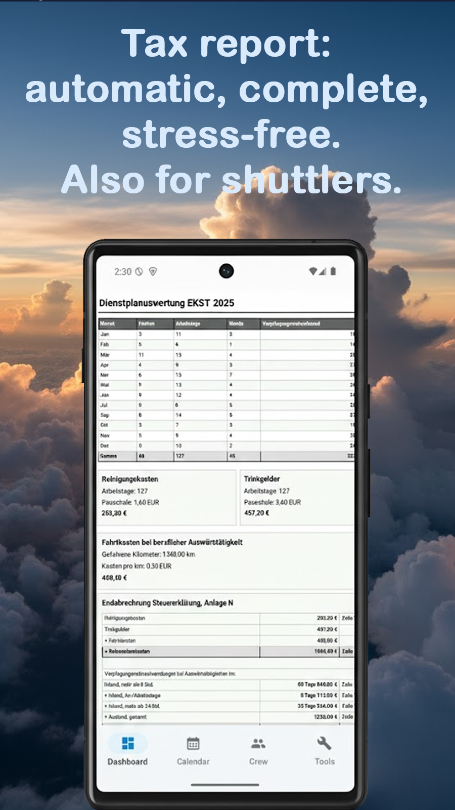 CrewLog German per-diem tax report with Verpflegungsmehraufwand calculation